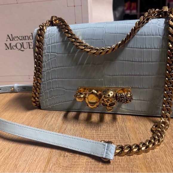 Alexander McQueen Handbags - Alexander McQueen Sky Blue Croc-Embossed Crossbody Bag